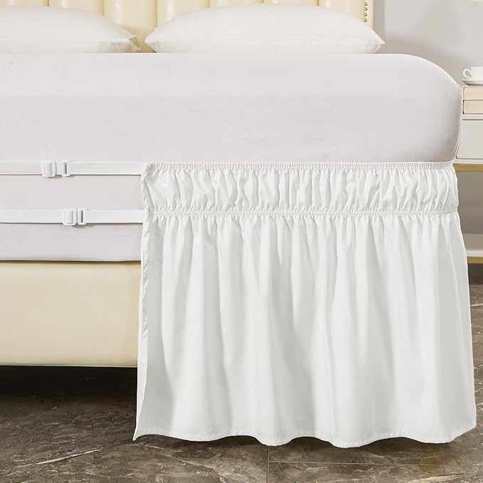 MEILA Wrap Around Bed Skirt Three Fabric Sides Elastic Dust Ruffled 24 Inch Tailored Drop,Easy to Install Fade Resistant-Natural White, Queen/King
