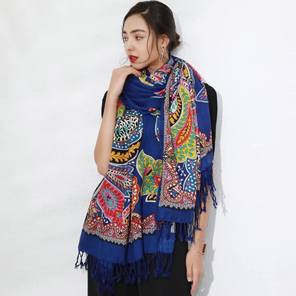 DANA XU 100% Merino Wool Pashmina Shawl for Women 96"x43", Oversized Cashmere Wrap with Tassels, Floral Travel Blanket Cape