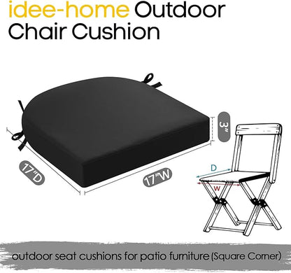 idee-home Outdoor Chair Cushions Set of 4, Thick 17" x 17" x 3" Patio Chair Cushions for Outdoor Furniture Waterproof with Ties, Seat Cushion, Patio Chair Pads Dining Chair Black