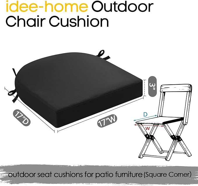 idee-home Outdoor Chair Cushions Set of 2, Thick 17" x 17" x 3" Outdoor Seat Cushion Patio Furniture Waterproof with Ties, Patio Chair Pads Dining Black
