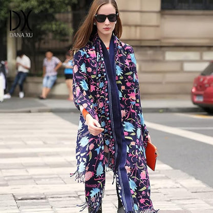 DANA XU 100% Merino Wool Extra Large Pashmina Blanket Travel Scarf Cashmere Wrap for Women Fall Winter Oversize Shawl Floral