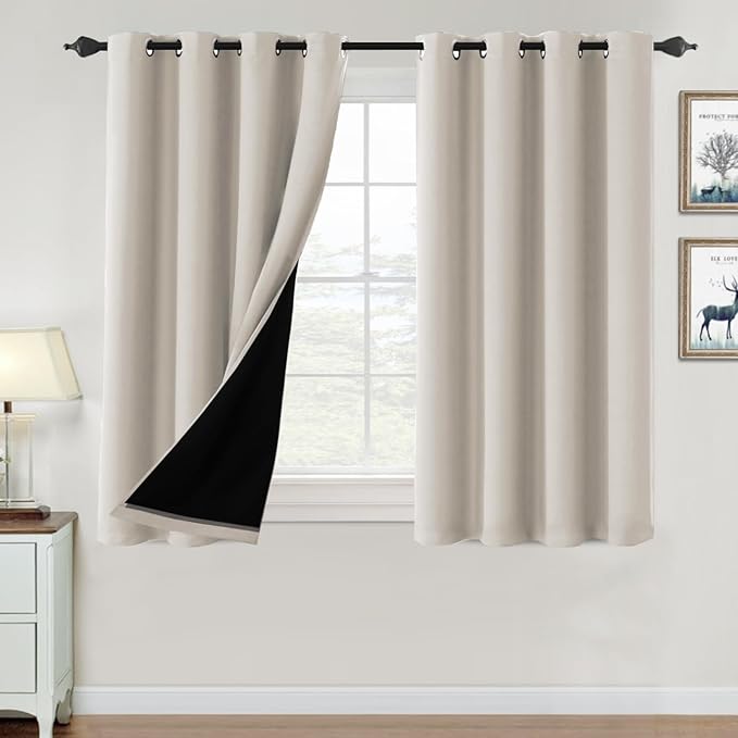 H.VERSAILTEX 100% Blackout Curtains for Bedroom Thermal Insulated Blackout Curtains 45 inch Length Full Light Blocking Window Drapes for Living Room with Black Liner 2 Panels, Fog