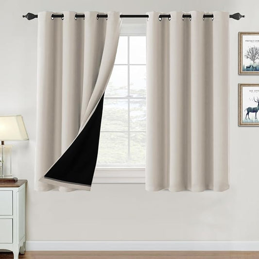 H.VERSAILTEX 100% Blackout Curtains for Bedroom Thermal Insulated Blackout Curtains 45 inch Length Full Light Blocking Window Drapes for Living Room with Black Liner 2 Panels, Fog