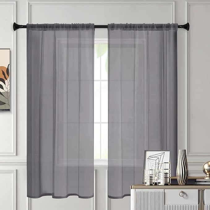 Sheer Curtains 45 Inches Long 2 Panels, Rod Pocket Short Curtain for Kitchen, Bedroom, Cafe Window(Grey 38" W x 45" L)