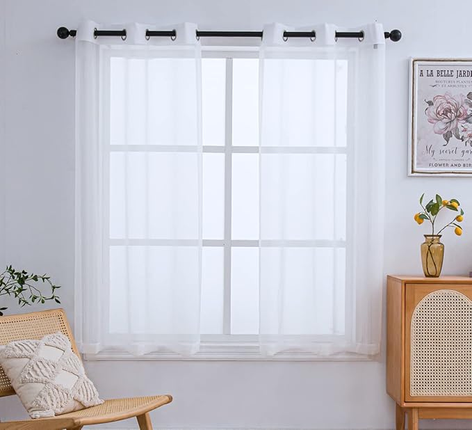 PI White Sheer Curtains 63 Inch Length with Grommet Top,Short Voile Textured Sheer Curtain for Kitchen/Dining Room/Living Room 2 Panels (W42 X L63, Optical White)
