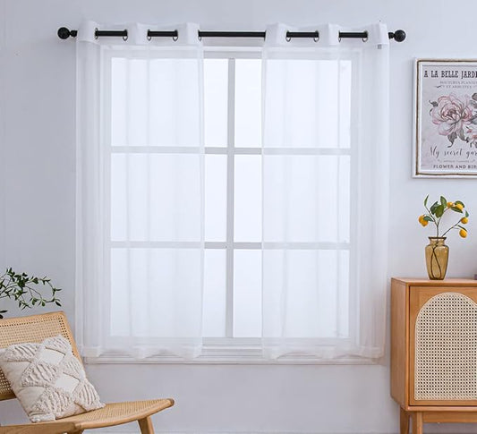 PI Grommet Sheer White Curtian 63 Inch Length Short Window Curtains for Living Room/Bedroom 2 Panels (W52 X L63, Optical White)