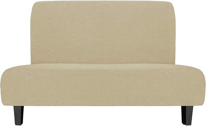 Easy-Going Stretch Futon Slipcover Armless Futon Bed Cover Furniture Protector Without Armrests with Elastic Bottom for Kids, Soft Jacquard Fabric Small Checks (Medium, Beige)