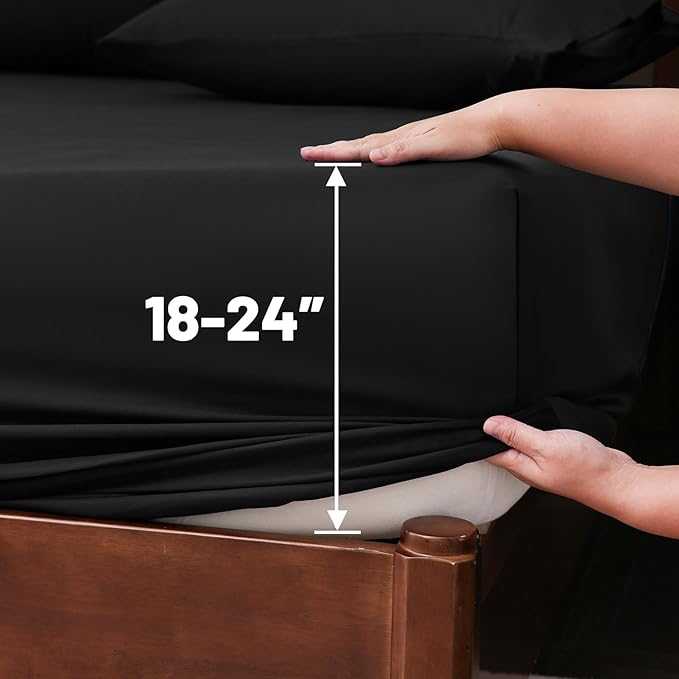 Extra Deep Pocket Queen Sheets 18-24 Inch 100% Egyptian Cotton 1000 Thread Count Sateen Weave Soft Breathable 4 Pieces（Queen,Black）