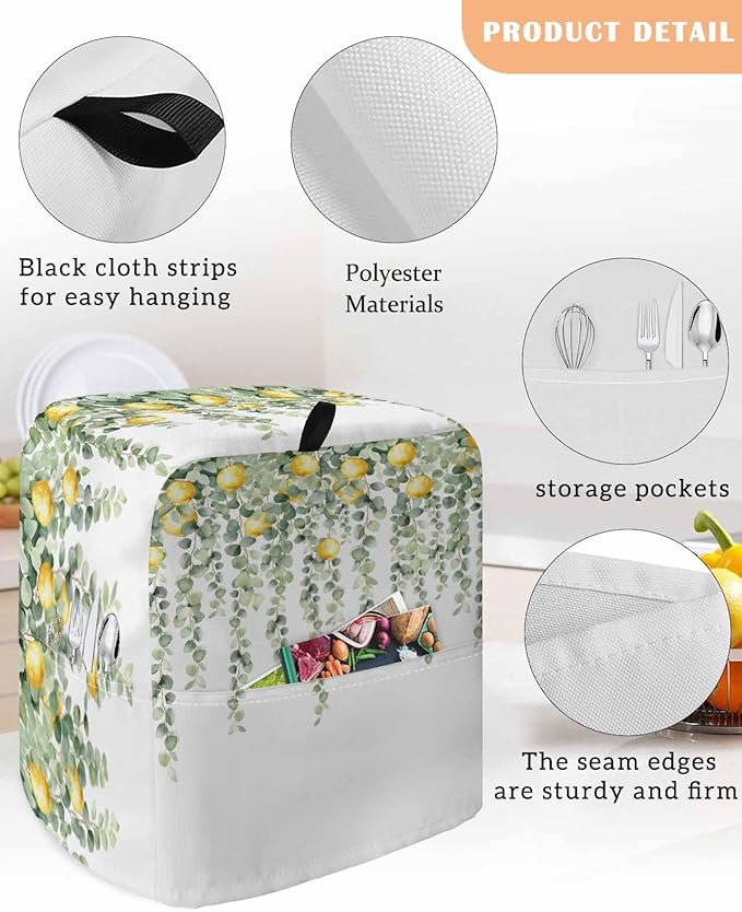 Sage Green Leaves Stand Mixer Dust Cover with Storage Pocket & Handles, Fits All Tilt Head & Bowl Lift Eucalyptus Vines Lemon Kitchen Appliance Cover Organizer Spring Bag Accessories, 6-8 Quart