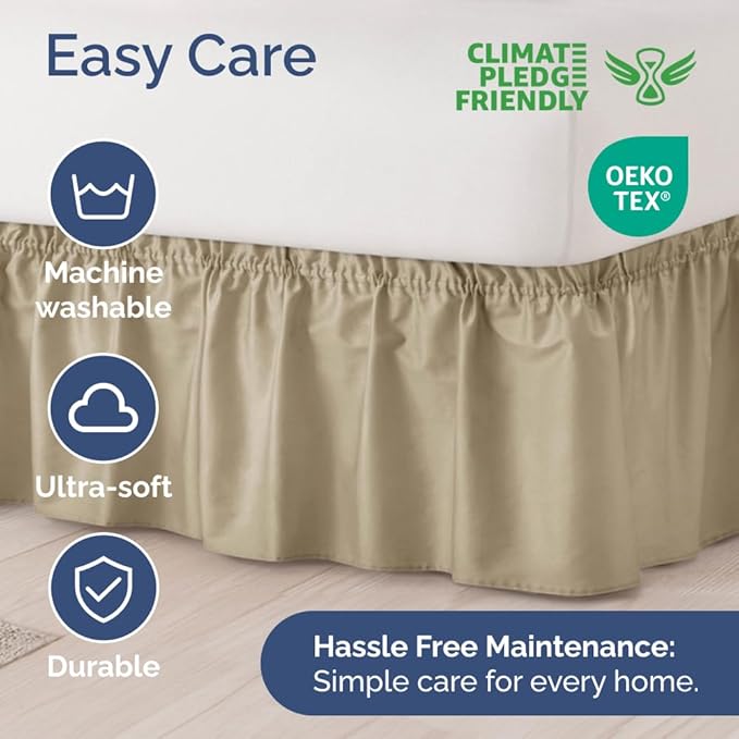 Wrap Around Dust Ruffle Bed Skirt - Beige - for Queen Size Beds w/ 16 Inch Drop - Easy Fit Elastic Strap - Adjustable Pleated Bedskirt w/Brushed Fabric, Wrinkle & Fade Free Women, Men, Kids & Teens