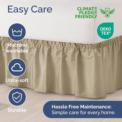 Wrap Around Dust Ruffle Bed Skirt - Beige - for Queen Size Beds w/ 16 Inch Drop - Easy Fit Elastic Strap - Adjustable Pleated Bedskirt w/Brushed Fabric, Wrinkle & Fade Free Women, Men, Kids & Teens