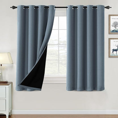 H.VERSAILTEX 100% Blackout Curtains for Bedroom Thermal Insulated Blackout Curtains 54 inch Length Heat and Full Light Blocking Curtains for Living Room with Black Liner 2 Panels Set, Stone Blue