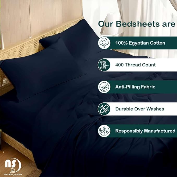 NON Sticky cotton Full Size Sleeper Sofa Sheets, 4 Piece Egyptian Cotton Bed Sheet Set for Sofa Bed, 6" Deep Pocket Fitted Sheet for Pull Out Couch Mattress, 54" x 75", Navy Blue Solid