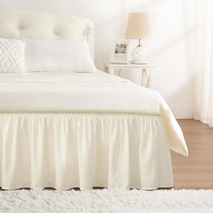 RIMELA Butter Yellow Bed Skirt Queen Size 18 Inch Drop, Elastic Bed Skirting for Bed Base and Frame, Bedding Dust Ruffle Easy to Install, Lightweight Wrap Around Adjustable Bedskirt