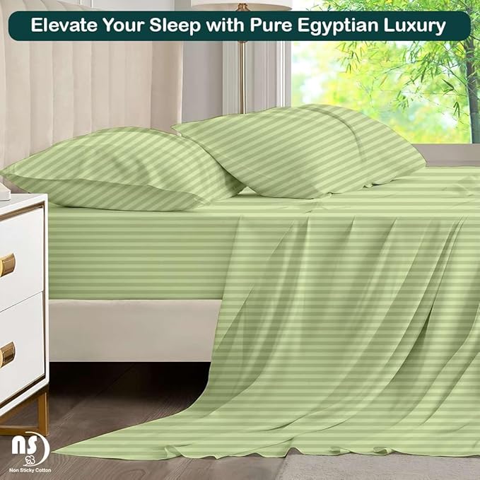 NON Sticky cotton Queen Size Sleeper Sofa Sheets, 4 Piece Egyptian Cotton Bed Sheet Set for Sofa Bed, 8" Deep Pocket for Pull Out Couch Mattress, 60" x 75", Sage Stripe, Soft & Breathable