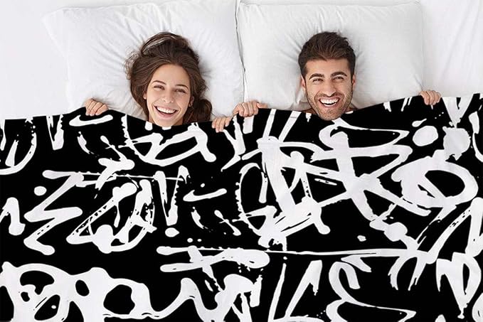 Mugod Black White Pattern Throw Blanket Graffiti Seamless Pattern with Abstract Tags Letters Decorative Soft Warm Cozy Flannel Plush Throws Blankets for Baby Toddler Dog Cat 30 X 40 Inch