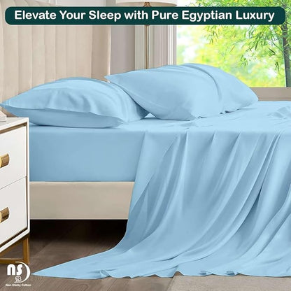NON Sticky cotton Full Size Sleeper Sofa Sheets, 4 Piece Egyptian Cotton Bed Sheet Set for Sofa Bed, 8" Deep Pocket for Pull Out Couch Mattress, 54" x 75", Light Blue Solid, Soft & Breathable