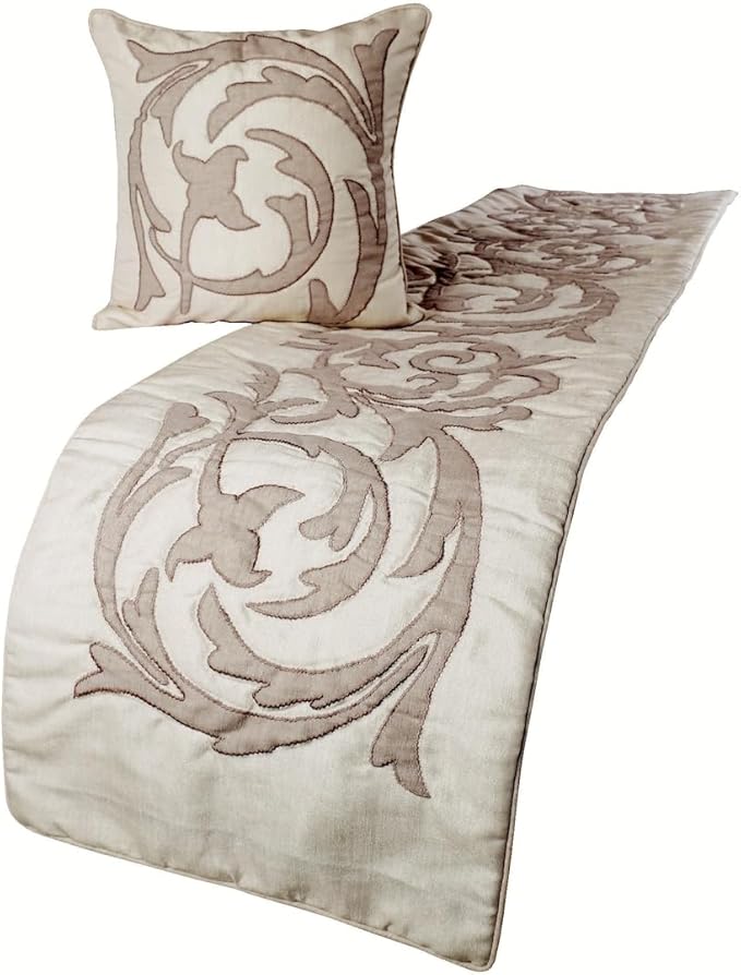 The HomeCentric Designer Ivory & Beige Queen 74 x 18 inch Bed Runner with 2 Pillow Cover Set, Linen Lurex Applique Bed Scarf, Abstract Modern - Pretty Dainty