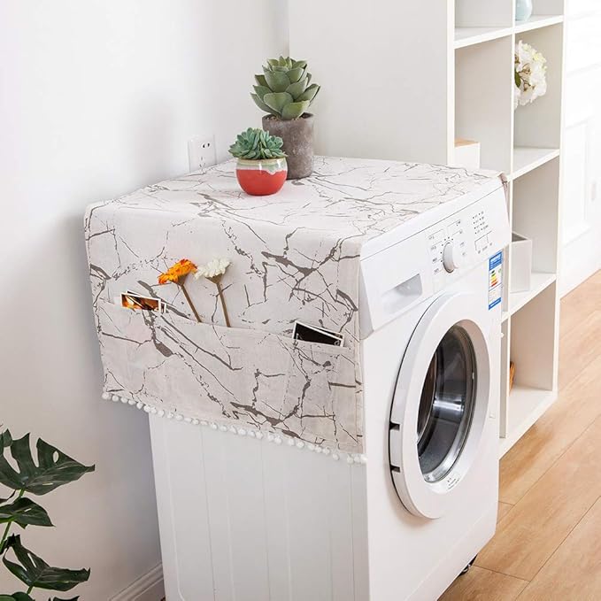 AKOAK 1 Pack 55 x 130cm /22 "x 51" Geometric Washing Machine Refrigerator Dust Cover, Multi-Purpose Household Cotton Linen Dust Microwave Cover, with Storage Pouch (Marble)