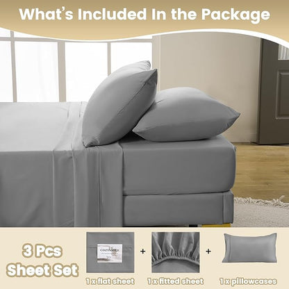 Twin XL Sheet Set - 3 Piece Silky Soft Breathable Bed Sheet & Pillowcase Set, 16" Deep Pocket Hotel Luxury Wrinkle Free Easy Care Bedding Sheets, Light Grey