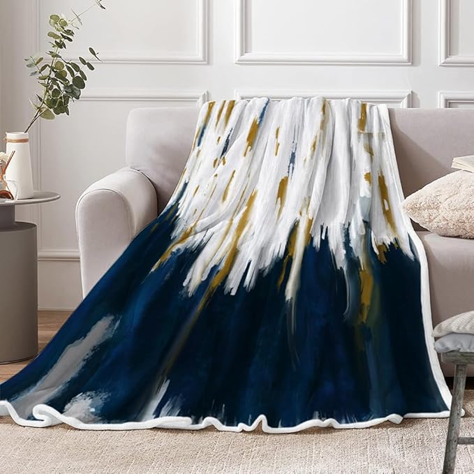 Abstract Ombre Throw Blankets, Modren Chic Art Oil Painting Cozy Warm Bed Couch Blanket, Blue Gold White Fleece Flannel Throws to Decorate The Room and Bedroom
