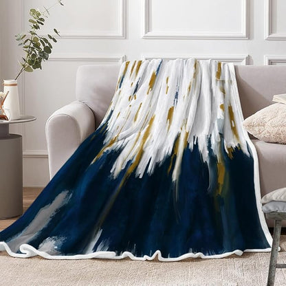 Abstract Ombre Throw Blankets, Modren Chic Art Oil Painting Cozy Warm Bed Couch Blanket, Blue Gold White Fleece Flannel Throws to Decorate The Room and Bedroom