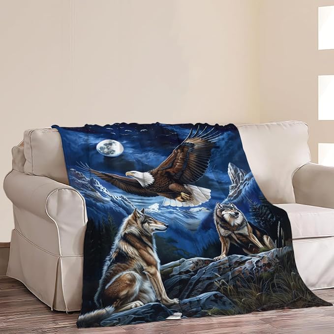 Bald Eagle Wolf Throw Blanket Wild Animal Print Blankets Gifts Couch Sofa Bed Stuff Decor Soft Cozy Lightweight Flannel Bedding for Lover 50"x60"