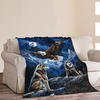 Bald Eagle Wolf Throw Blanket Wild Animal Print Blankets Gifts Couch Sofa Bed Stuff Decor Soft Cozy Lightweight Flannel Bedding for Lover 40"x50"