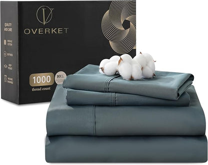 100% Egyptian Cotton Sheets King Size 1000 Thread Count Sateen Weave Soft Breathable 16-Inch Deep Pocket 4PCS（King,Lake Blue）