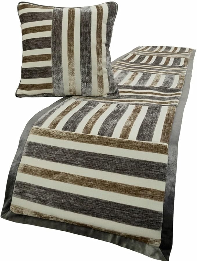 The HomeCentric King/Queen/Twin Beige & Grey Designer Twin 53"x18" Bed Runner with Pillow Cover, Patchwork Bed Scarf on Velvet Fabric - Striation