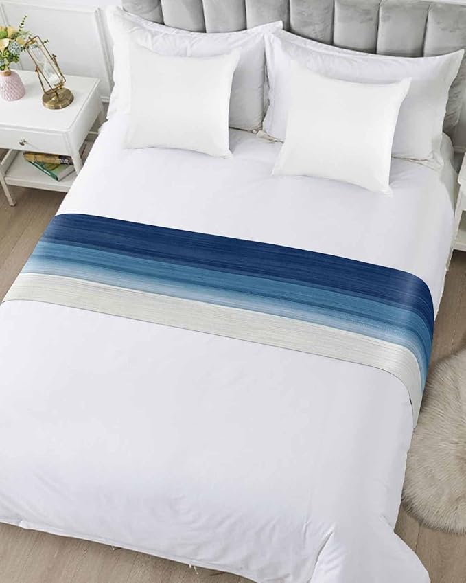 Abstract Navy Blue Ombre Stripe Art Bed Runners for Bedroom Hotel,Decorative Bedding Scarf Modern Color Line Texture Bed End Blanket Bedding Runner Scarves for Queen Size Bed,94x20in
