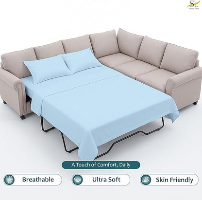 Luxury Queen Sleeper Sofa Bed Sheet Set,100% Egyptian Cotton, 338 Thread Count, Queen Size (60 x74 +6 Inch Deep Pocket) Soft and Light Weight 4pcs Sofa Set (Light Blue Solid)