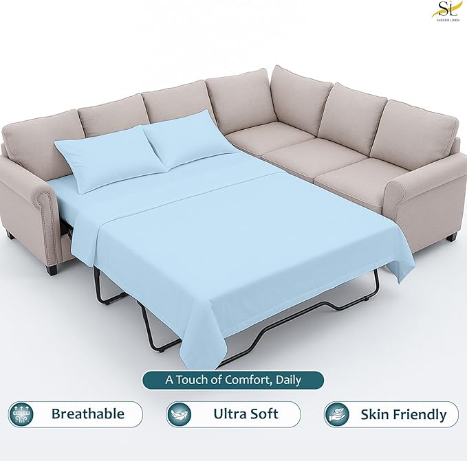 Sleeper Sofa Bed Sheet Set – Full Size, 100% Cotton, 338 Thread Count – 4-Piece Sofa Bed Sheets – Fits Mattresses Up to 6” Deep – Soft & Durable Pull-Out Couch Sheets (Light Blue Solid)