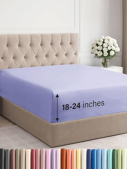 Extra Deep Full Fitted Sheet - Hotel Luxury Single Fitted Sheet Only - Easily Fits 18 inch to 24 inch Mattress - Ultra Soft, Wrinkle & Fade Free w/Extra Deep Pockets - Breathable & Comfy - Lavender