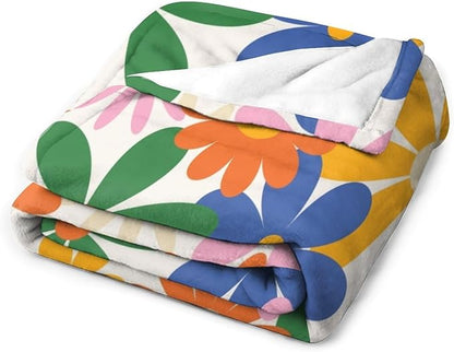 70s Retro Flower Throw Blanket, 60s Vintage Groovy Daisy Flowers Boho Hippie Bright Colorful Floral Print Blanket for Couch Chair Sofa Bed Dorm Bedroom Home 40"x50"