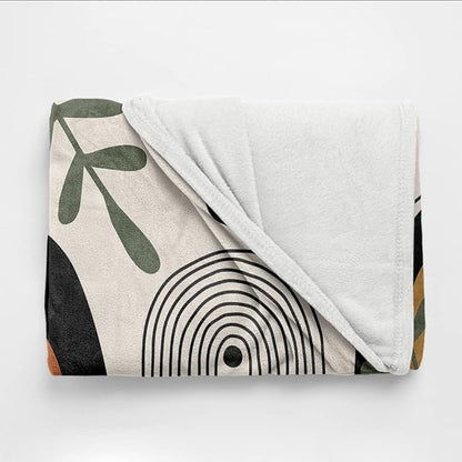 Abstract Modern Throw Blanket Boho Minimalist Mid Century Sun Aesthetic Soft Warm Bed Bedding Women Blankets for Couch Bedroom Sofa Office Cozy Flannel Blanket Orange Beige Black,70"X80"