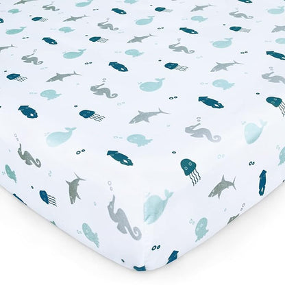 Crib Sheets for Boys or Girls 2-Pack, Fitted Crib Sheet 52'' x 28'' for Standard Crib & Toddler Mattress, Soft and Breathable Material, Baby Crib Sheets Neutral, Dinosaurs & Ocean