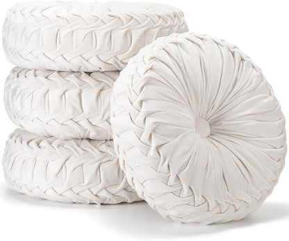 4 Pcs Round Throw Pillows 15 Inch Decorative Velvet Pleated Pumpkin Floor Boho Pillows for Living Room Couch Chair Bed Sofa (White)