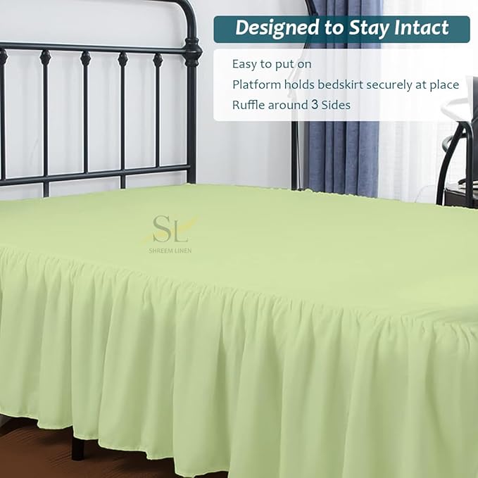 Shreem Linen Ruffled Bed Skirt with Split Corners, Gathered Style, 100% Microfiber, 18-Inch Drop, Dust Ruffle Bedskirt with Platform, King, Sage