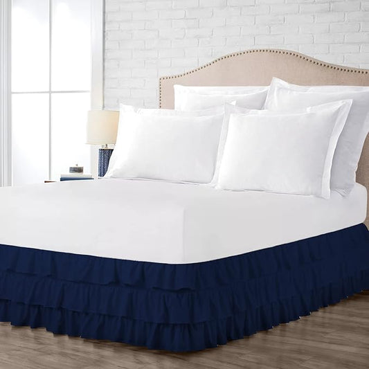 Multi-Ruffle Bed Skirt, Soft Multi Ruffle Bed Skirt Elastic Dust Ruffles with Wrap Around Bed Skirt Easy Fit with 18 Inch Drop 100% Cotton 800 Thread Count Bed Skirt (California King, Navy Blue)