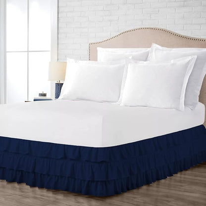 Multi-Ruffle Bed Skirt, Soft Multi Elastic Dust Ruffles with Wrap Around Bed Skirt Easy Fit with 18 Inch Drop 100% Cotton 800 Thread Count (Queen, Navy Blue)