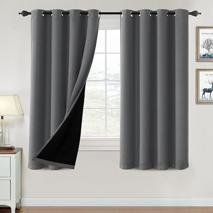 H.VERSAILTEX 100% Blackout Curtains for Bedroom Thermal Insulated Blackout Curtains 63 inch Length Heat and Full Light Blocking Curtains for Living Room with Black Liner 2 Panels Set, Grey