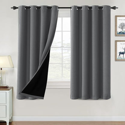 H.VERSAILTEX 100% Blackout Curtains for Bedroom Thermal Insulated Blackout Curtains 63 inch Length Heat and Full Light Blocking Curtains for Living Room with Black Liner 2 Panels Set, Grey