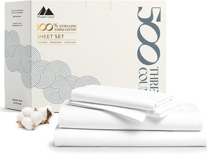 Mayfair Linen 100% Cotton Sheets Full Size Bed Set - 500 Thread Count Sheets Full Size 4 PC Set (White), Soft, Cooling, Hotel-Quality 16" Deep Pocket Cotton Bedsheet for Hot Sleepers
