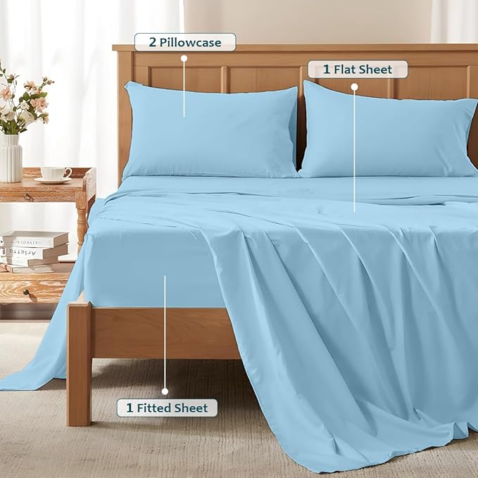 Olympic Queen Sheet Set – 100% Egyptian Cotton, 338 Thread Count – 4-Piece Luxury Super Queen Sheets – Soft & Breathable – 16” Deep Pocket Fitted Sheet, 1 Flat Sheet, 2 Pillowcases (Light Blue Solid)