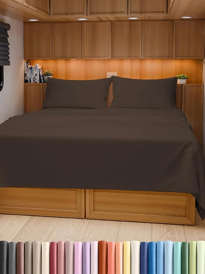 RV Short Queen Sheet Set 60 X 75 - 4 Piece RV Short Queen Bed Sheets - Soft, Breathable and Cooling - Designed for Bunks, Trailers & Campers - Fits 8” to 12" Mattress - Hotel Luxury Bedding - Brown