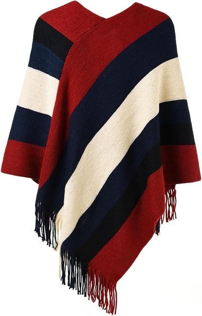 Ferand Women's Striped Poncho Sweater Cozy Knit Fringe Shawl Wraps for Fall Winter