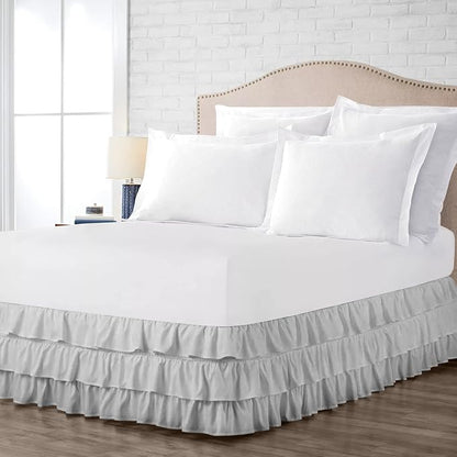 Multi-Ruffle Bed Skirt, Soft Multi Elastic Dust Ruffles with Wrap Around Bed Skirt Easy Fit with 18 Inch Drop 100% Cotton 800 Thread Count (Twin, Light Grey)