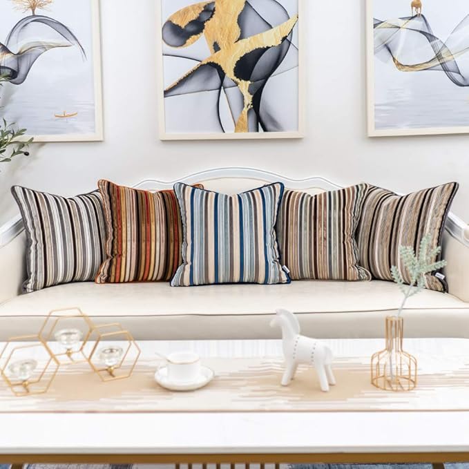 Yangest Orange Striped Throw Pillow Cover Multicolor Velvet Cushion Cover Modern Bohemian Pillowcase for Sofa Couch Bedroom Living Room Home Christmas Decoration,16x16 Inch