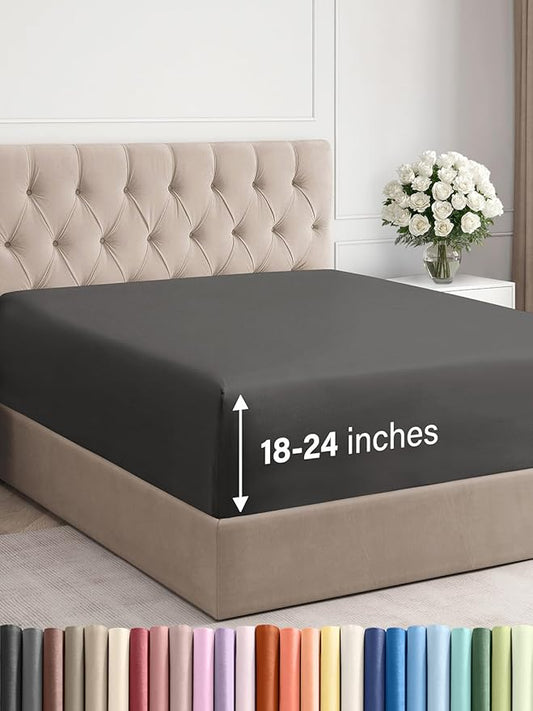 Extra Deep Cal King Fitted Sheet - Hotel Luxury Single Fitted Sheet Only - Easily Fits 18 inch to 24 inch Mattress - Ultra Soft, Wrinkle Free with Extra Deep Pockets - Breathable & Comfy - Charcoal